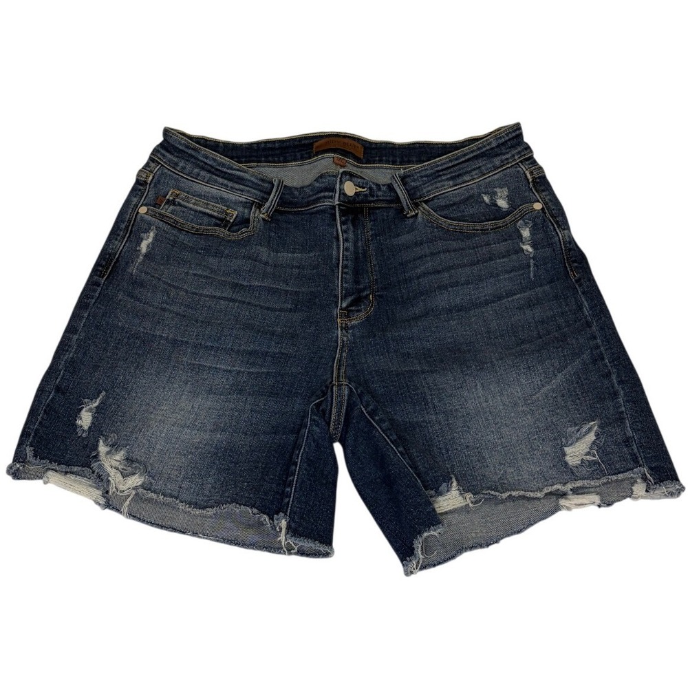 Judy Blue Distressed Raw Hem Denim Shorts Dark Wash High Rise 1XL JB150040-1XL